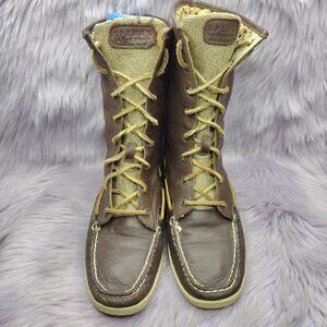 Sperry Fold Over Boat Boots Women’s Sz 7.5 Brown Top Sider Plaid Preppy Leather